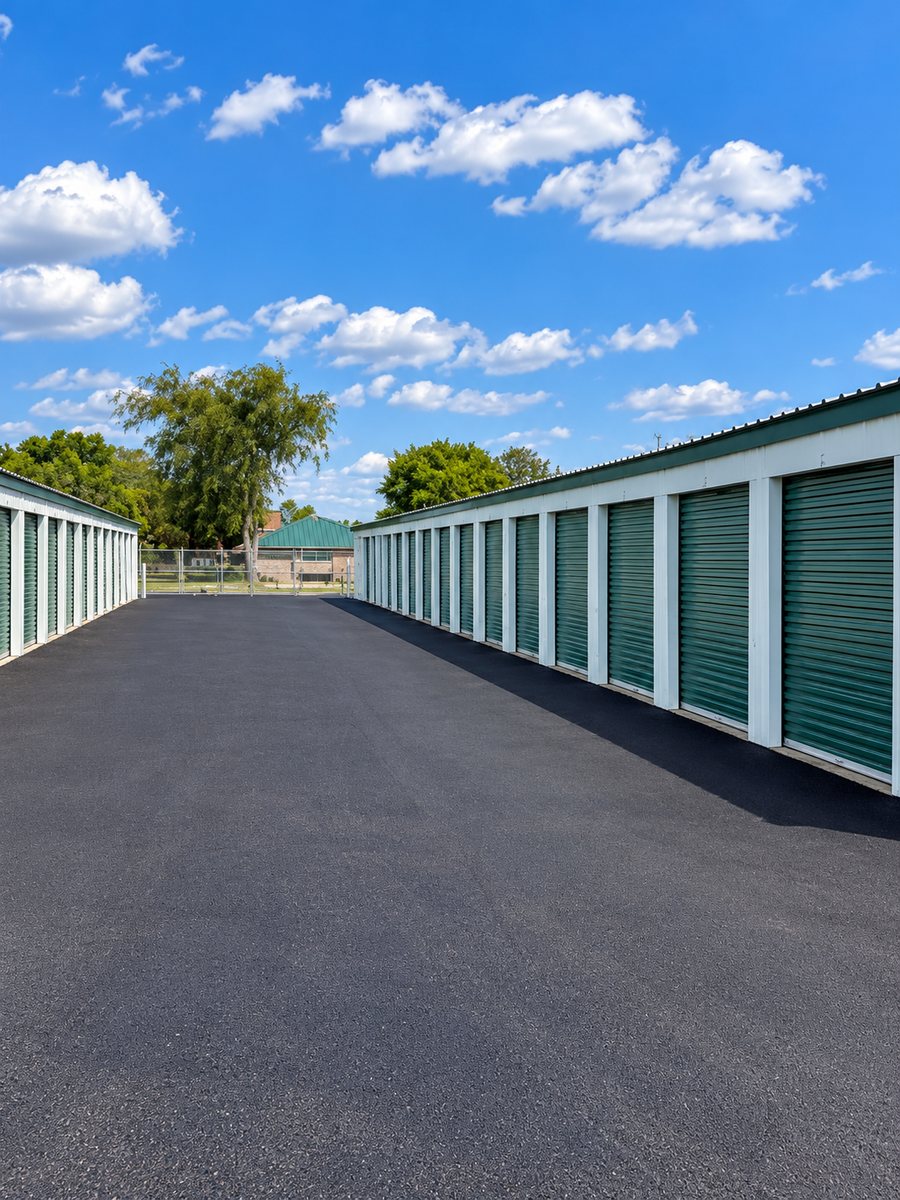Paved drive aisle between rows of storage unit doors