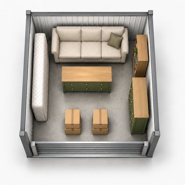 Top-down illustration of a 10 x 10 storage unit holding a sofa, mattress, dresser, two bookshelves and boxes