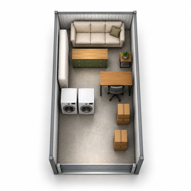 Top-down illustration of a 10 x 15 storage unit holding a sofa, mattress, dresser, desk and chair, washer and dryer, side table and boxes