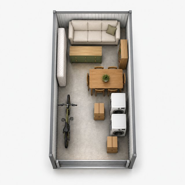 Top-down illustration of a 10 x 20 storage unit holding a sofa, mattress, dresser, dining table and chairs, bookshelf, washer and dryer, bicycle and boxes