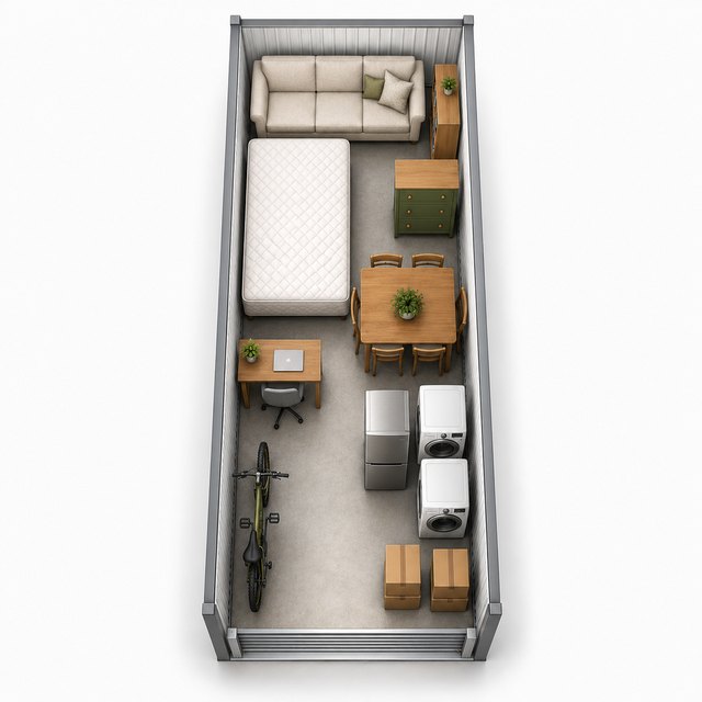 Top-down illustration of a 10 x 25 storage unit holding a sofa, full mattress, dresser, dining table and chairs, desk, refrigerator, washer and dryer, bicycle and boxes