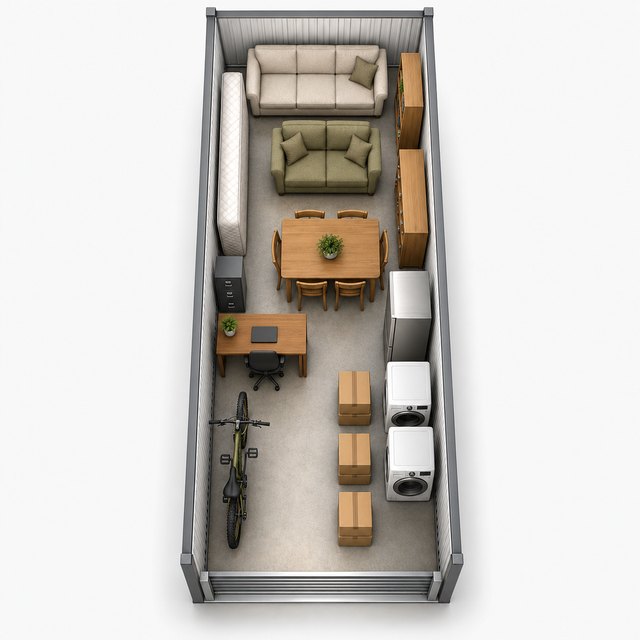 Top-down illustration of a 10 x 30 storage unit holding two sofas, mattress, bookshelves, dining table and chairs, desk, filing cabinet, refrigerator, washer and dryer, bicycle and boxes