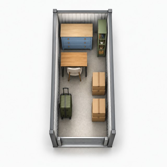 Top-down illustration of a 5 x 10 storage unit holding a dresser, desk and chair, bookshelf, suitcase and boxes