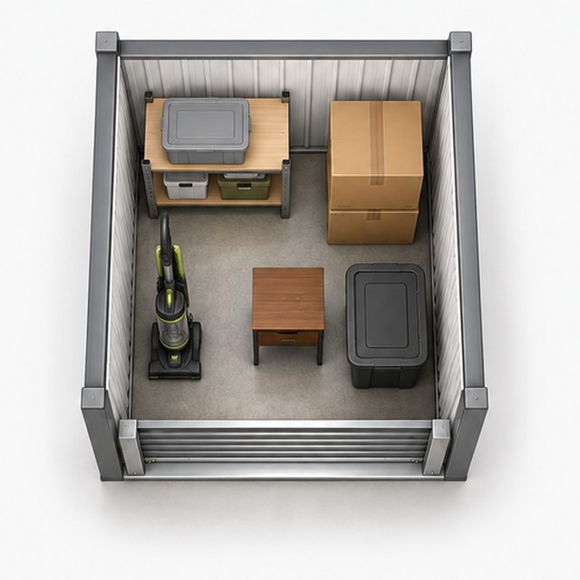 Top-down illustration of a 5 x 5 storage unit holding a shelf with bins, boxes, a vacuum, a small table and a tote